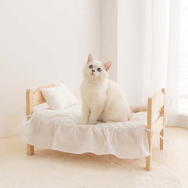 고양이 원목 침대 화이트 레이스