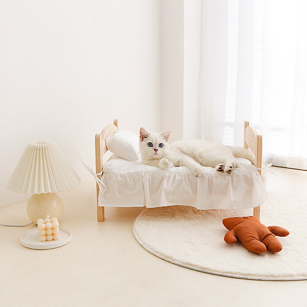고양이 원목 침대 화이트 레이스