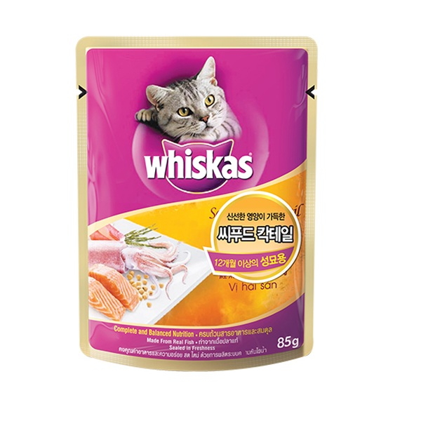 위스카스 고양이 간식 파우치 성묘용 씨푸드 85g