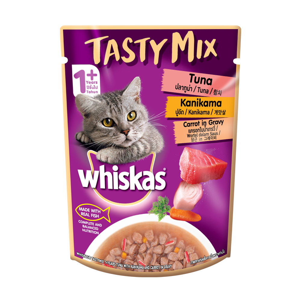 위스카스 고양이 간식 파우치 테이스티믹스 참치 게맛살과 당근 70g