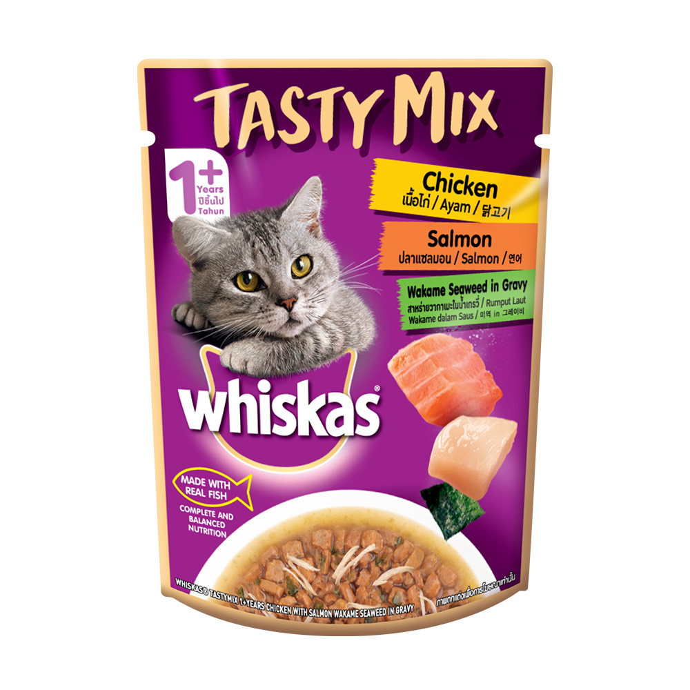 위스카스 고양이 간식 파우치 테이스티믹스 닭고기 참치와 미역 70g