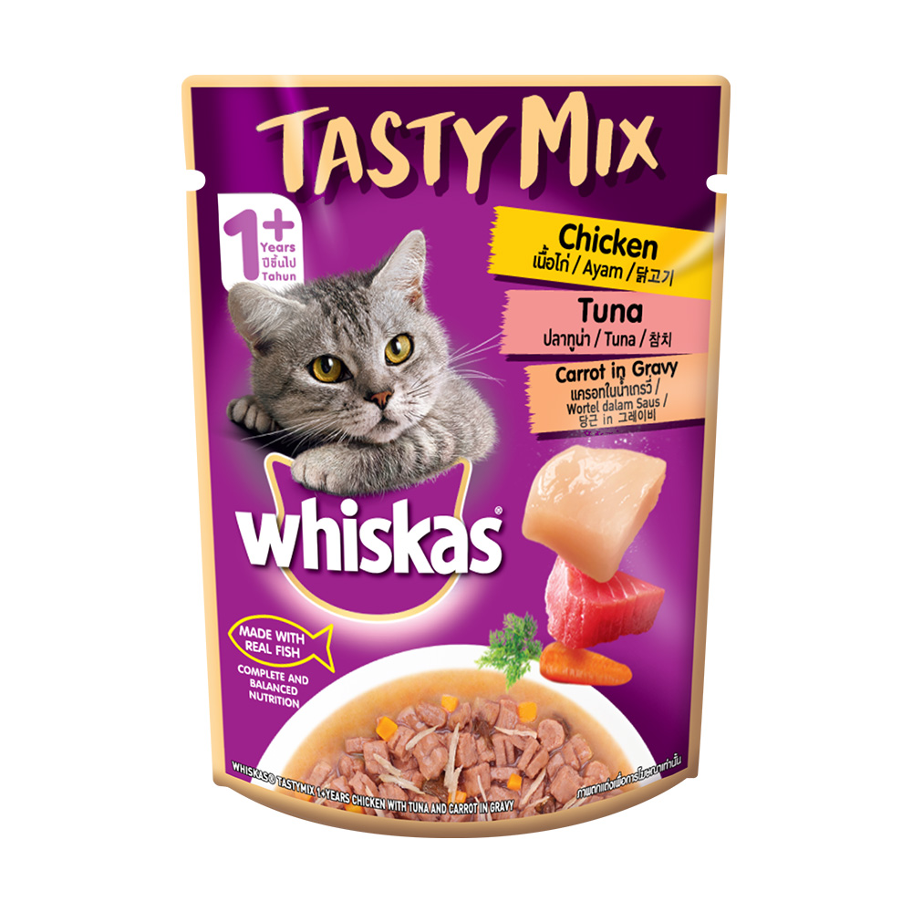 (유통기한23.03.25)위스카스 고양이 간식 파우치 테이스티믹스 닭고기 연어와 미역 70g